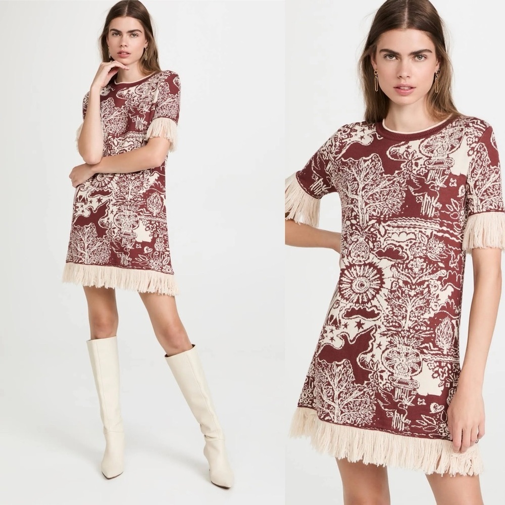 LA DoubleJ Ionic knit Rust and Cream Mini Fringe Dress M